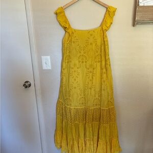 Anthropologie Fallon Eyelet Ruffle Tiered Maxi Dress in Marigold Yellow size 10